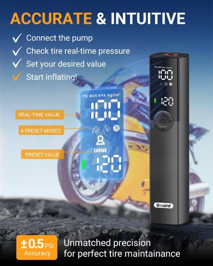 Woowind BP188 Bike Pump, The Pro Electric Bicycle Pump Tire Inflator Portable Air Compressor with Schrader, Presta and Dunlop Valve Adapters - 120~150PSI Options