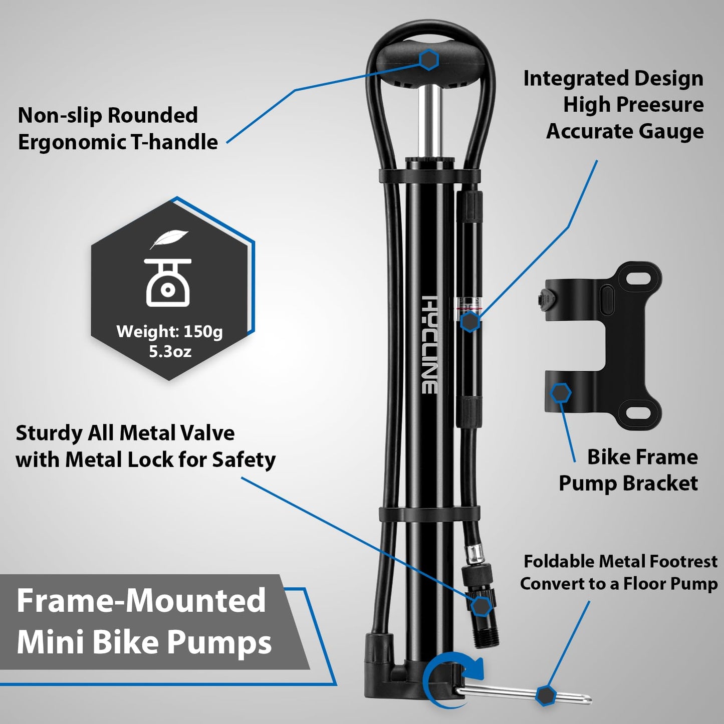 Hycline Mini Bike Pump with Gauge: 140 PSI Portable Bicycle Frame Pump for Road BMX MTB Tires - Aluminum Alloy Fork Pump for Presta Schrader Dunlop Valves