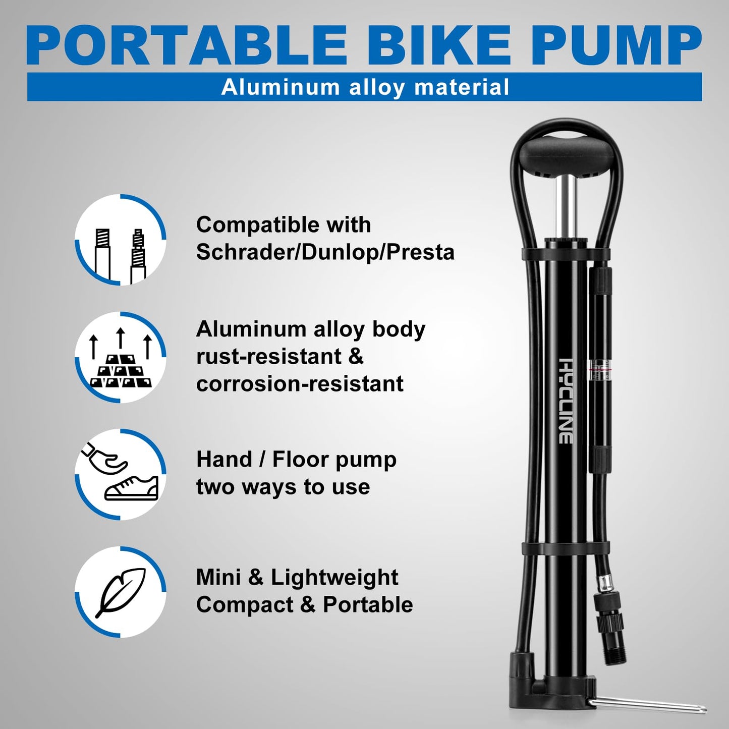 Hycline Mini Bike Pump with Gauge: 140 PSI Portable Bicycle Frame Pump for Road BMX MTB Tires - Aluminum Alloy Fork Pump for Presta Schrader Dunlop Valves