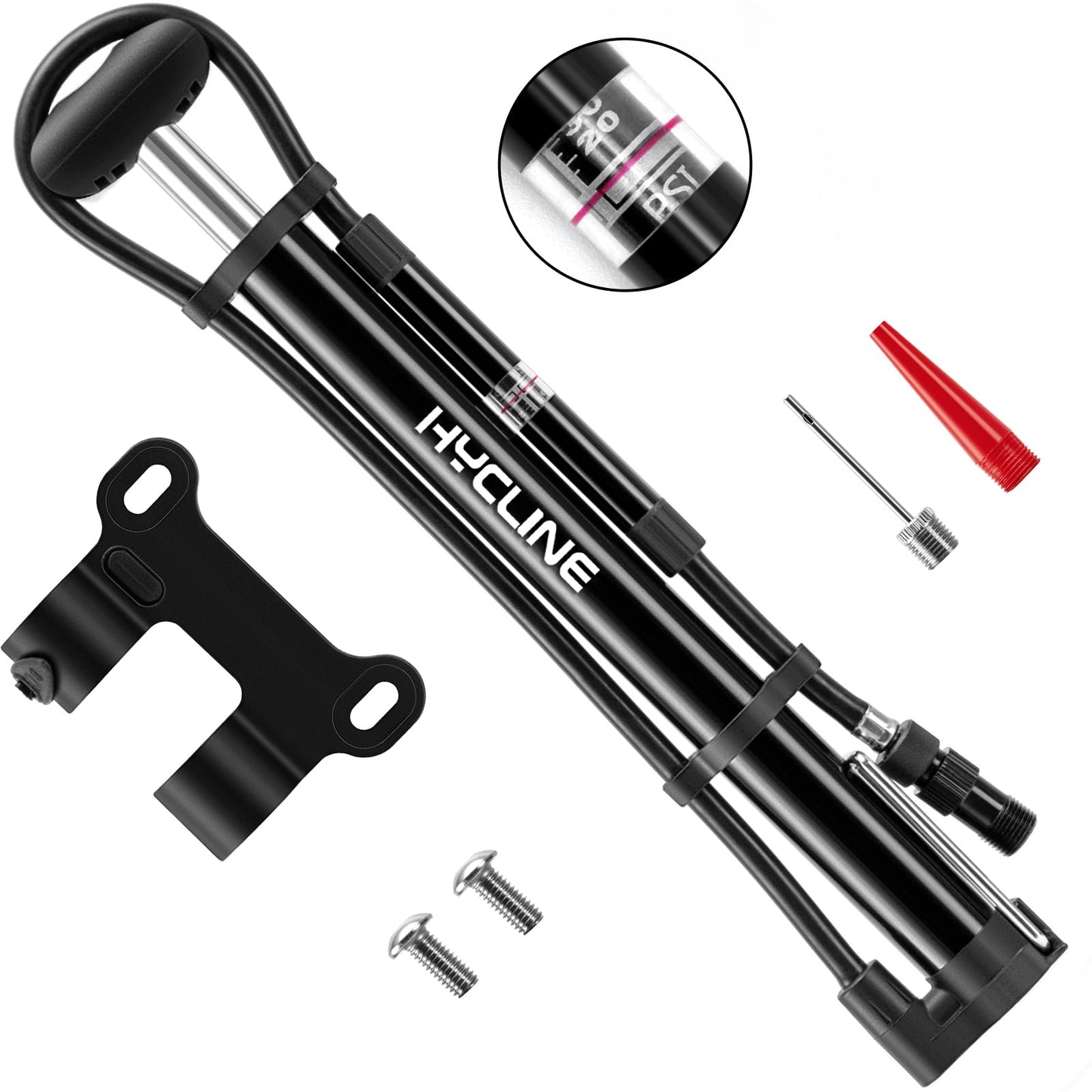 Hycline Mini Bike Pump with Gauge: 140 PSI Portable Bicycle Frame Pump for Road BMX MTB Tires - Aluminum Alloy Fork Pump for Presta Schrader Dunlop Valves