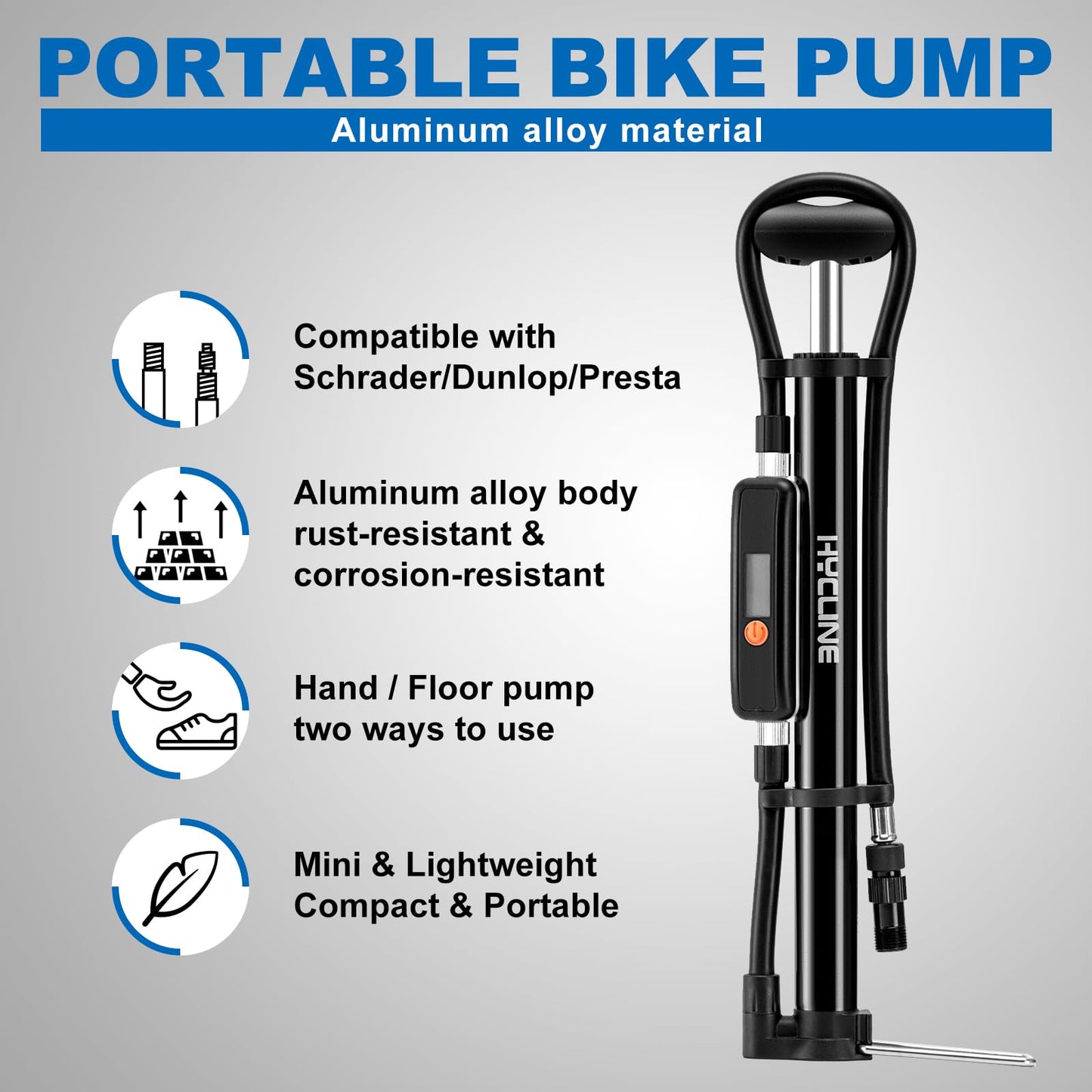 Hycline Mini Bike Pump with Gauge: 140 PSI Portable Bicycle Frame Pump for Road BMX MTB Tires - Aluminum Alloy Fork Pump for Presta Schrader Dunlop Valves