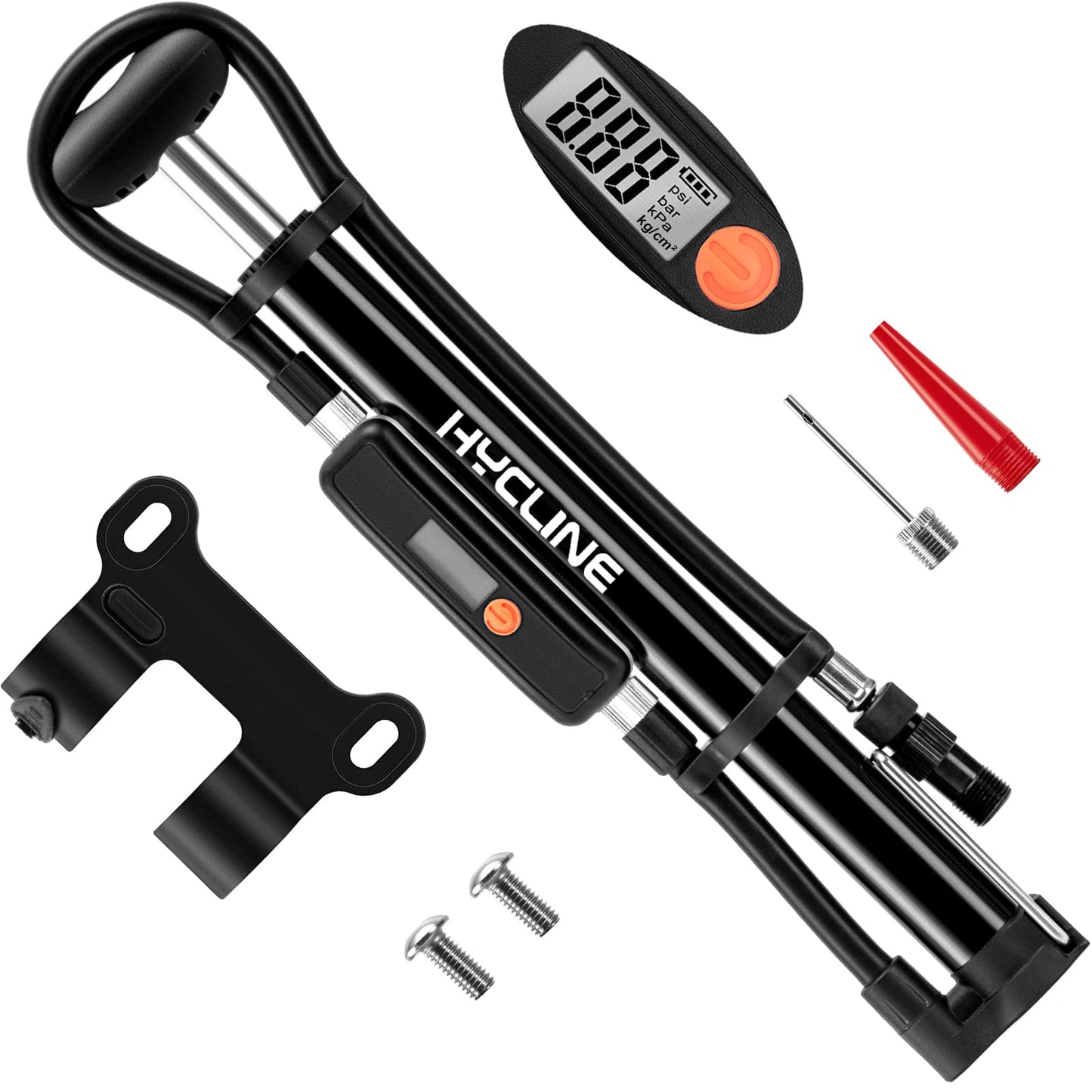 Hycline Mini Bike Pump with Gauge: 140 PSI Portable Bicycle Frame Pump for Road BMX MTB Tires - Aluminum Alloy Fork Pump for Presta Schrader Dunlop Valves