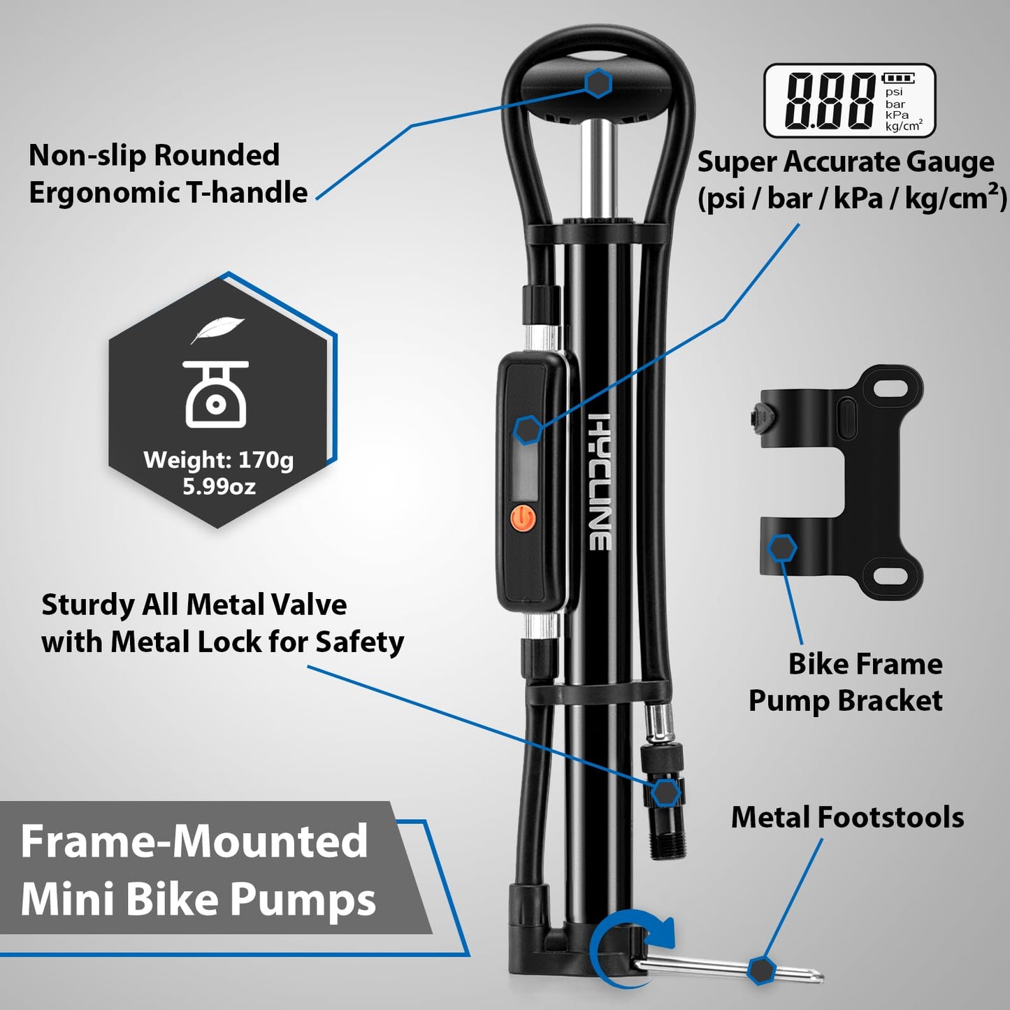 Hycline Mini Bike Pump with Gauge: 140 PSI Portable Bicycle Frame Pump for Road BMX MTB Tires - Aluminum Alloy Fork Pump for Presta Schrader Dunlop Valves