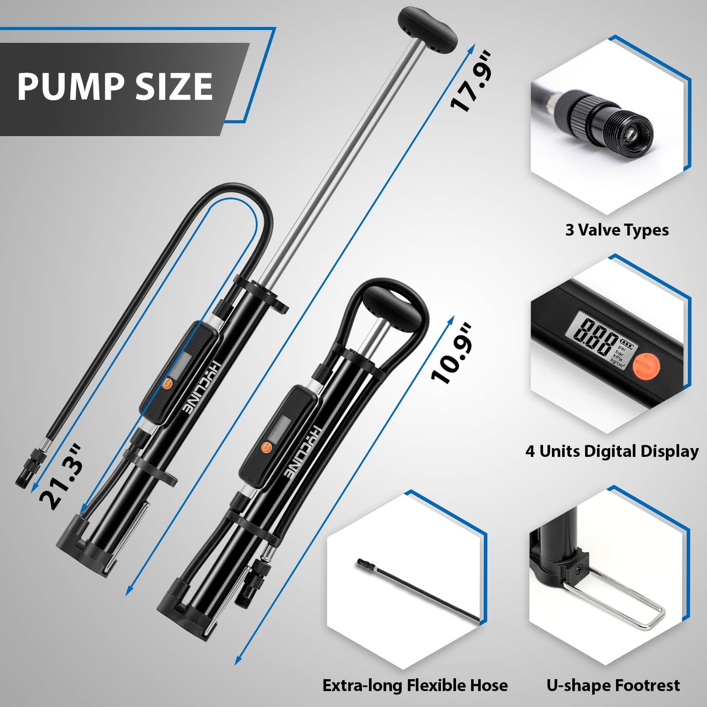 Hycline Mini Bike Pump with Gauge: 140 PSI Portable Bicycle Frame Pump for Road BMX MTB Tires - Aluminum Alloy Fork Pump for Presta Schrader Dunlop Valves