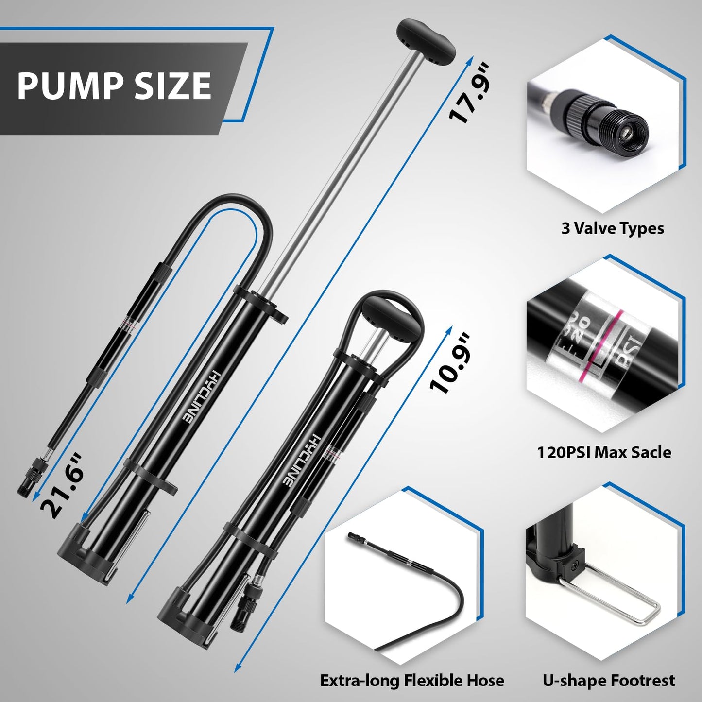 Hycline Mini Bike Pump with Gauge: 140 PSI Portable Bicycle Frame Pump for Road BMX MTB Tires - Aluminum Alloy Fork Pump for Presta Schrader Dunlop Valves