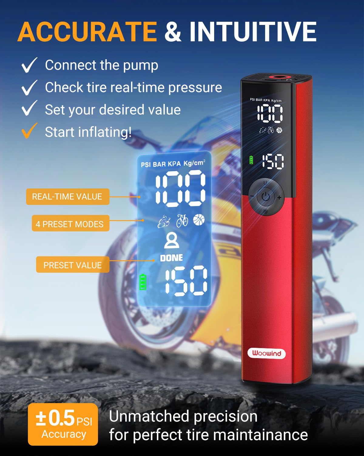 Woowind BP188 Bike Pump, The Pro Electric Bicycle Pump Tire Inflator Portable Air Compressor with Schrader, Presta and Dunlop Valve Adapters - 120~150PSI Options