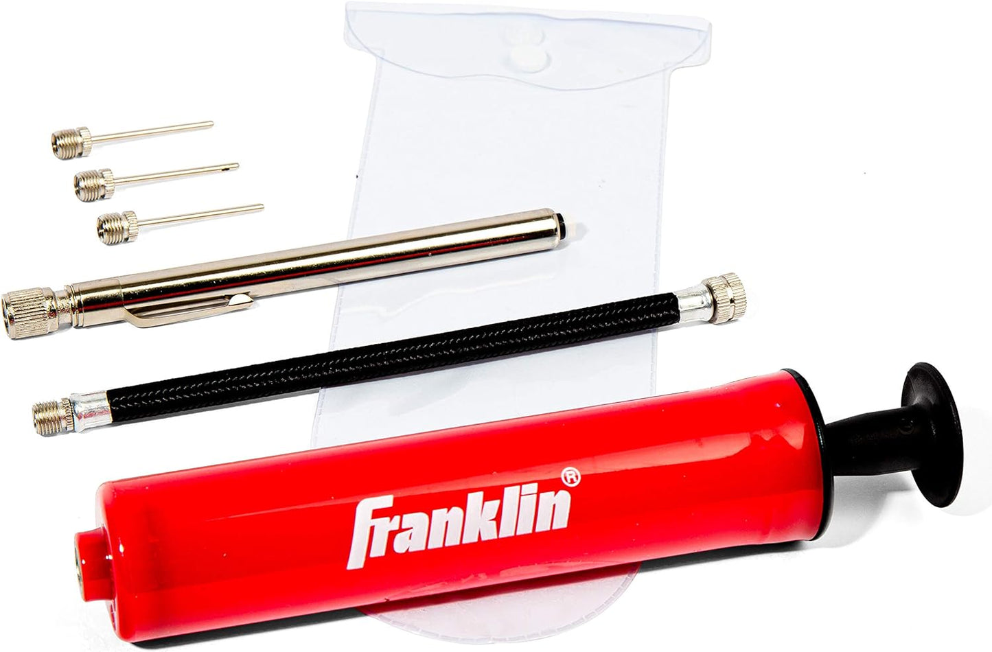 Franklin Sports Ball Pump Kit -7.4" - Perfect for Basketballs, Soccer Balls and More - Complete Hand Pump Kit with Needles, Flexible Hose, Air Pressure Gauge and Carry Bag