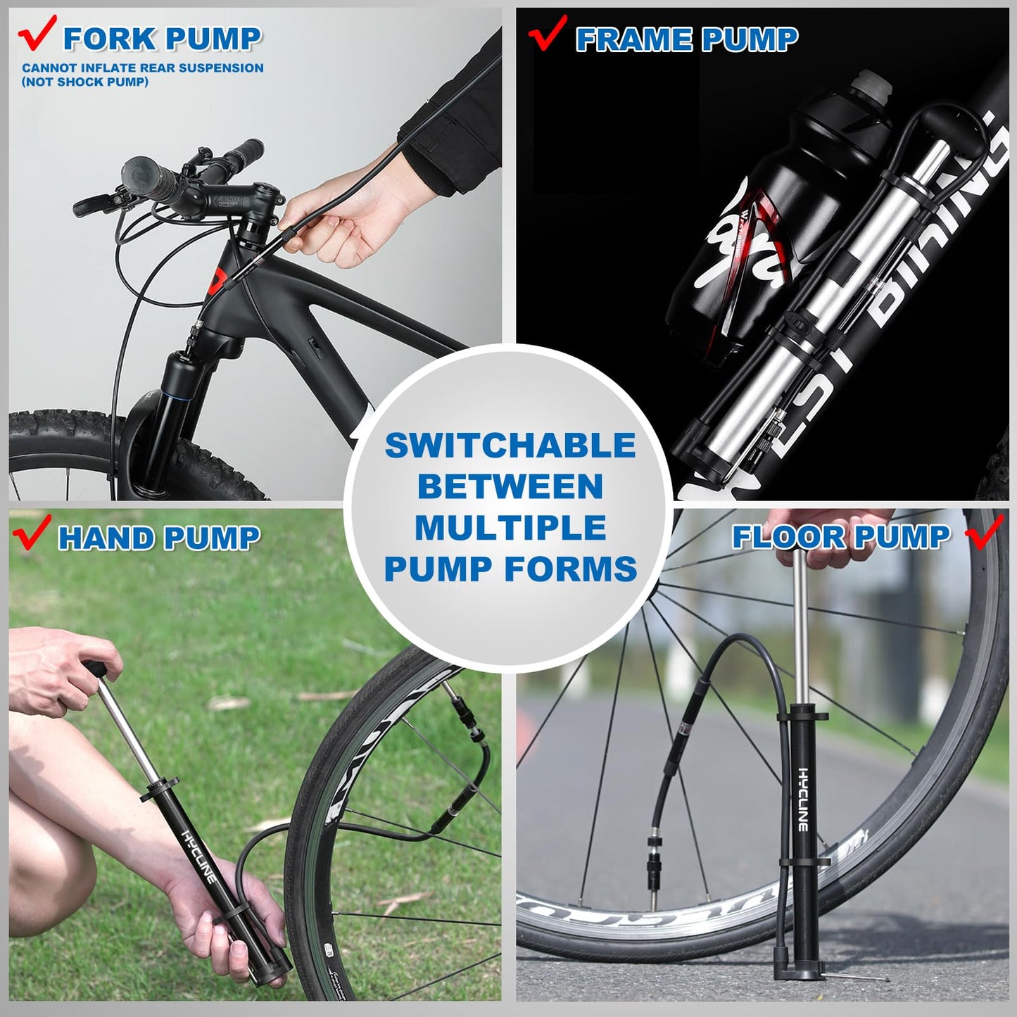 Hycline Mini Bike Pump with Gauge: 140 PSI Portable Bicycle Frame Pump for Road BMX MTB Tires - Aluminum Alloy Fork Pump for Presta Schrader Dunlop Valves